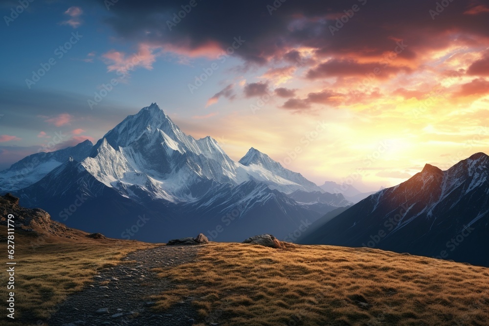 Photography of mountain landscapes with stunning views at sunset, Generative AI