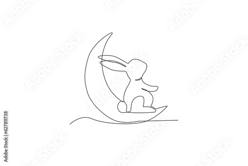 Side view of a rabbit sitting on a crescent moon. Mid-autumn one-line drawing
