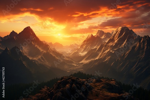 Photography of mountain landscapes with stunning views at sunset  Generative AI