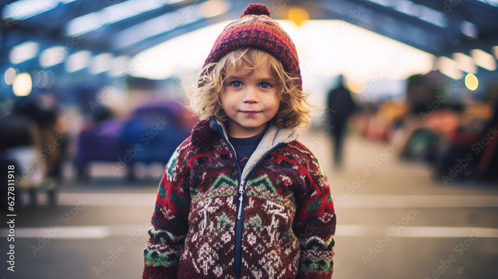 child, boy, caucasian stands in open warehouse or rural factory building, vehicles or machines, winter clothing and winter hat, long blond light brown hair, patient and attentive in family business