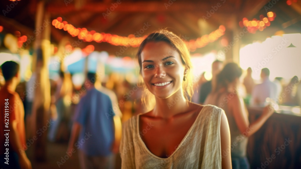 young adult woman, typical fictional beach restaurant at tropical place or sea, caucasian female tourist, 20s 30s, wearing summer shirt in mild temperature at sunset, caucasian, joyful smile, 20s 30s