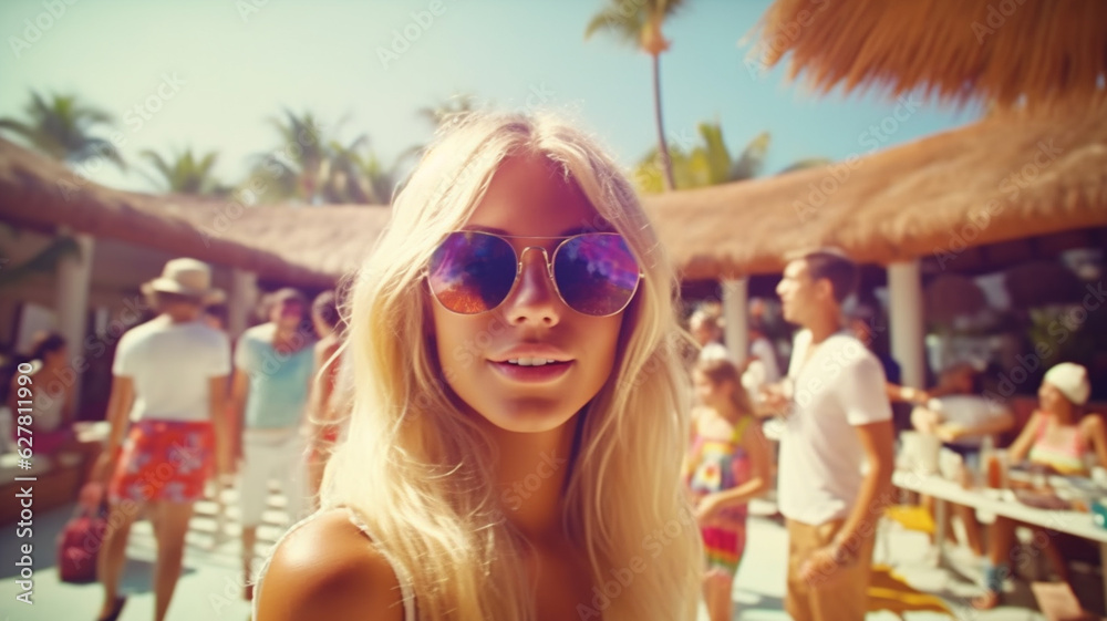 young adult woman on sandy beach, tourists and tourism, joyful smile, beach dress and sun hat, many people, crowded mass tourism, fictional place young adult woman on sandy beach, tourists and tourism, joyful smile, beach dress and sun hat, many people, crowded mass tourism, fictional place