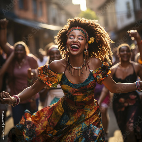 Portrait of a beautiful african american woman dancing in the street