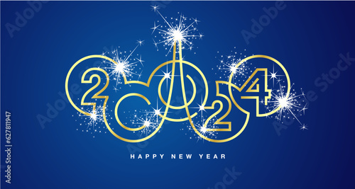 Happy New Year 2024 abstract line design rings with year 2024 number sparkle firework gold white blue greeting card
