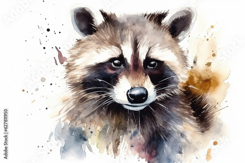 Watercolor raccoon portrait illustration on white background