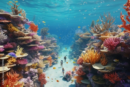 Photograph of people snorkeling in colorful coral reefs, Generative AI