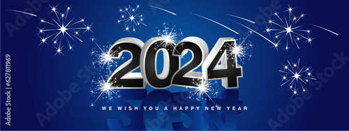 We wish you Happy New Year 2024. New modern 3d concept design. Black white silver 3D 2024 and mirrored shadows in blue background with stars sparkling fireworks