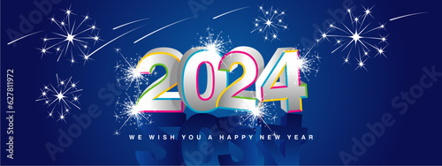 We wish you Happy New Year 2024. Modern 3d concept design. Colorful line 3D silver 2024 and mirrored shadows in background with stars sparkling fireworks