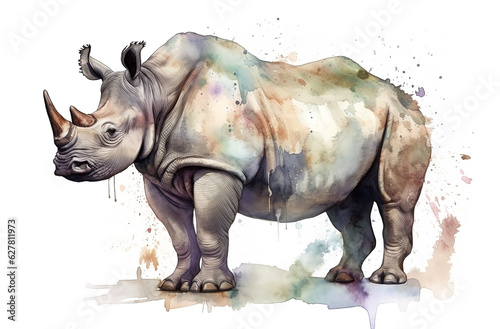 Watercolor rhinoceros illustration on white background