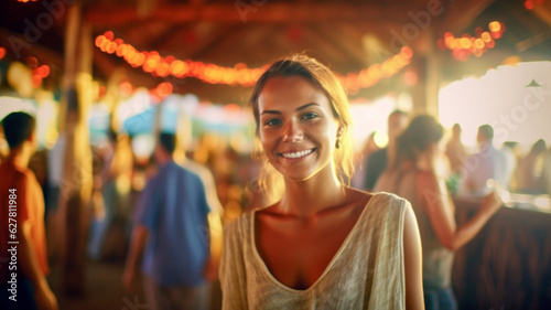 young adult woman, typical fictional beach restaurant at tropical place or sea, caucasian female tourist, 20s 30s, wearing summer shirt in mild temperature at sunset, caucasian, joyful smile, 20s 30s