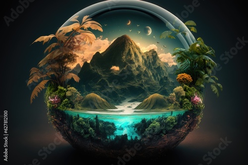 Fantasy landscape with a planet in a glass sphere photo