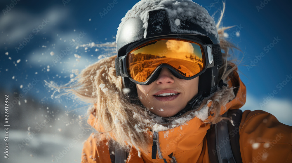 Snowboarder girl in helmet and orange goggles on background of snowy mountains. - obrazy, fototapety, plakaty 
