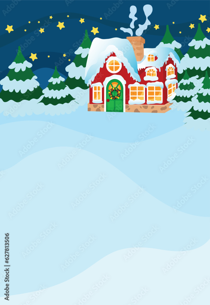 Night or evening on the eve of Christmas and a cozy house among fir trees. Christmas trees and the roof are covered with snow. This could be Santa Claus' house. The stars shine brightly in the sky. 