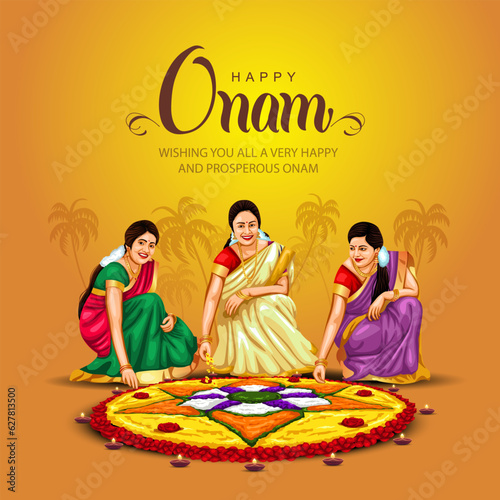 kerala fesival happy onam greetings abstract vector illustration. malayali girls making pookalam