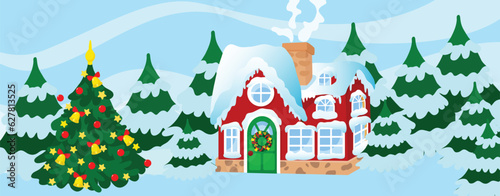 Morning landscape in front of a house decorated for Christmas. There is a Christmas tree in front of the building. Mood of peace and comfort.