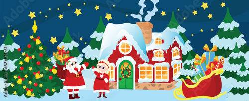 Night or evening on the eve of Christmas and a cozy house in the middle of a snowy valley and fir trees. Santa and Mrs. Santa Claus are standing in front of the house. Christmas scene.