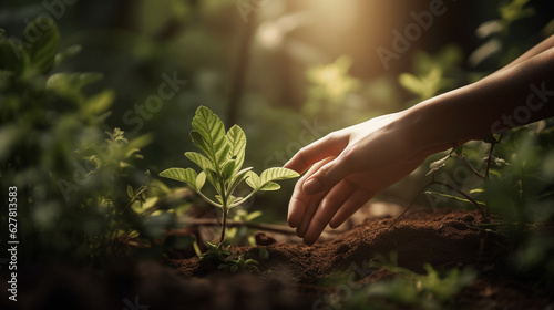 Caring for the environment. Women's hands protect a green plant. Ecology concept. Generative AI