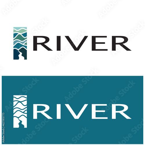 River logo, creeks, riverbanks and streams, with combination of mountains and farmland with vector concept design.