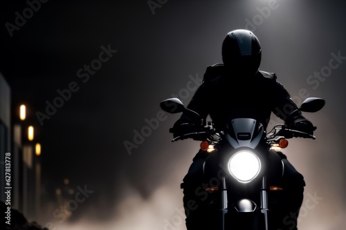 Silhouette of a man driving a motorcycle with a backpack. Generative AI