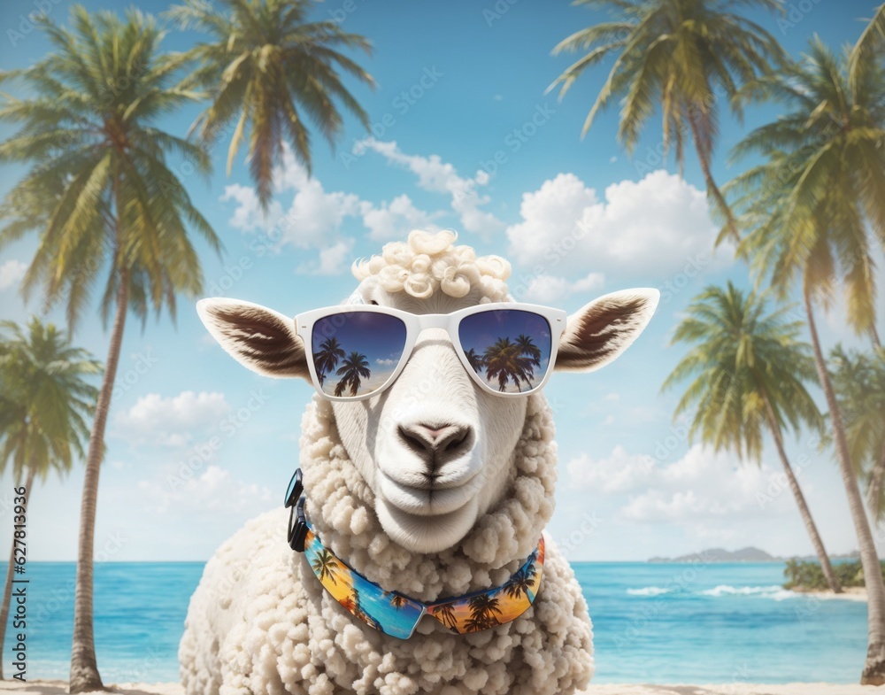 sheep with glasses on the beach. generative AI