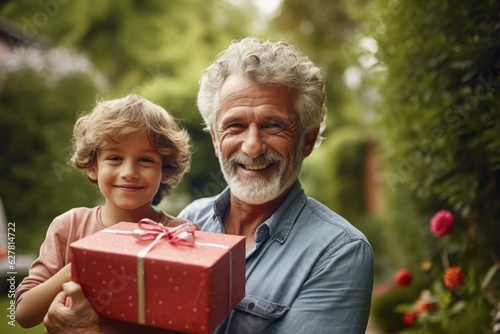 Proud father with son and red gift box on blurry natural background, outdoor.