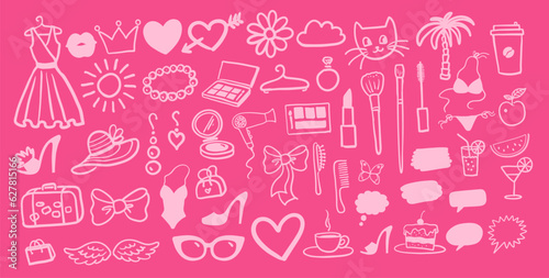 Vector illustration set of beauty and fashion isolated doodles on pink background