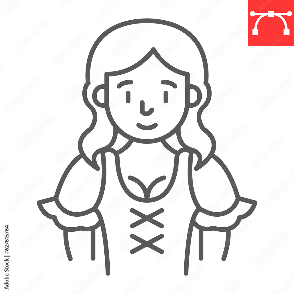 Bavarian woman line icon, oktoberfest and festival people, waitress vector icon, smiling woman vector graphics, editable stroke outline sign, eps 10. Bavarian woman line icon, oktoberfest and festival people, waitress vector icon, smiling woman vector graphics, editable stroke outline sign, eps 10.