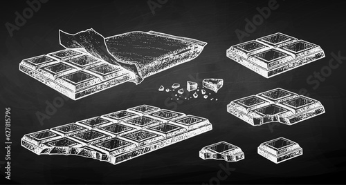 Vector chalk sketch illustration set of Chocolate bars on chalkboard background.