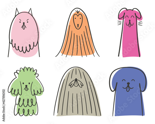 Pet portrait. Contour dog head. Outline sticker set. Linear icon, logo