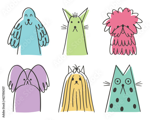 Pet portrait. Contour dog head. Outline sticker set. Linear icon, logo