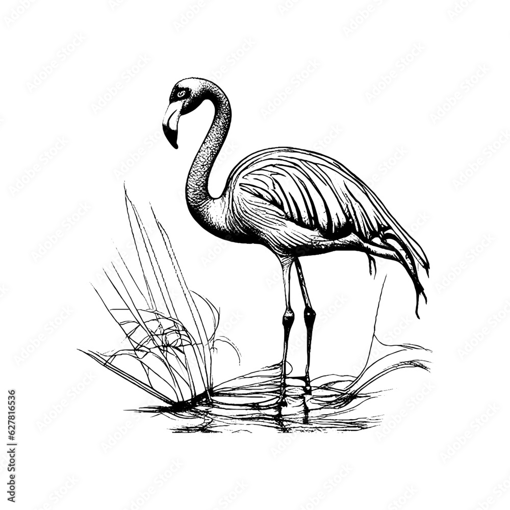 Obraz premium Flamingo Tropical Bird with Beak and Long Neck Black Sketch Drawing Vector Illustration