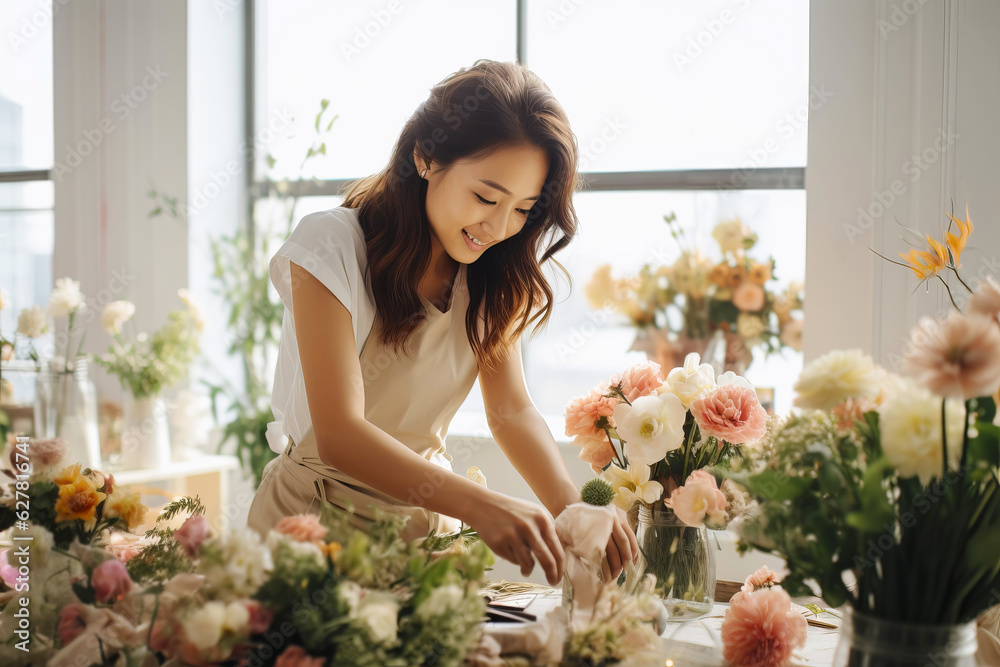 Asian woman florist creating wedding bouquet in flower shop. Small business. Generative AI illustration Asian woman florist creating wedding bouquet in flower shop. Small business. Generative AI illustration