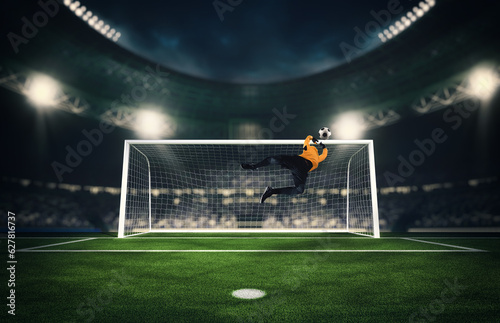 Fotografía Soccer goalkeeper that makes a great save and avoids a goal during a match at th