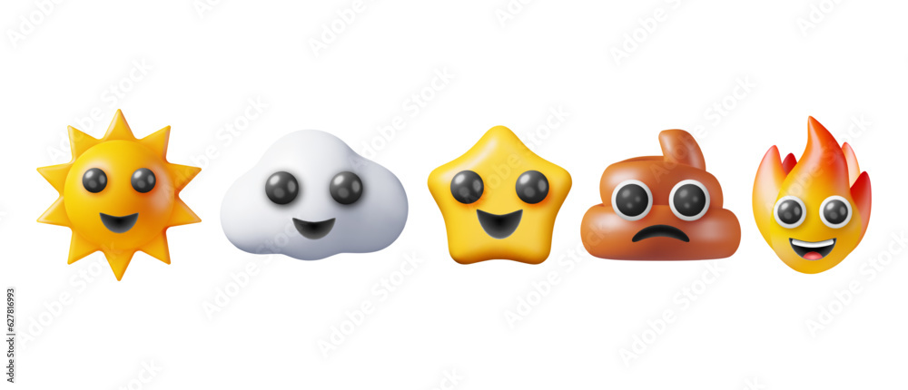 3D Set of Various Emoji Isolated on White. Cartoon Fluffy Cloud, Sun, Star, Bunch of Poop and Fire with Face Icon. Render Emoticon Smiles Collection Symbol. Vector Illustration 3D Set of Various Emoji Isolated on White. Cartoon Fluffy Cloud, Sun, Star, Bunch of Poop and Fire with Face Icon. Render Emoticon Smiles Collection Symbol. Vector Illustration