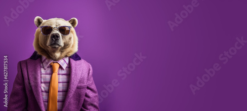 Fototapeta Naklejka Na Ścianę i Meble -  Cool looking bear wearing funky fashion dress - jacket, shirt, tie, dark shades sunglasses. Wide banner with copy space side. Stylish animal posing. Generative AI