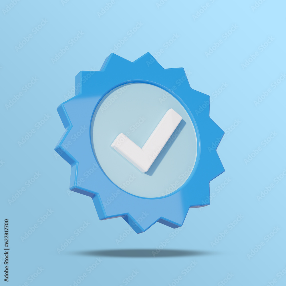 Profile verification check mark social media icon. Blue verified badge with checkmark sign isolated on blue background. Square image 3D illustration Profile verification check mark social media icon. Blue verified badge with checkmark sign isolated on blue background. Square image 3D illustration