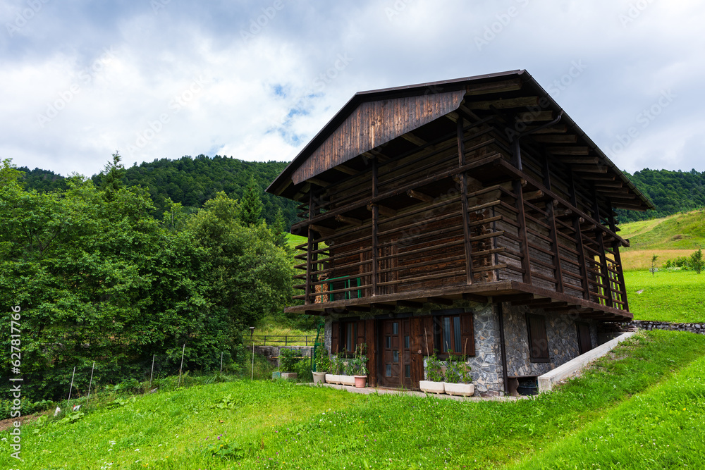 Obraz premium pretty little wooden house, in the middle of green hills