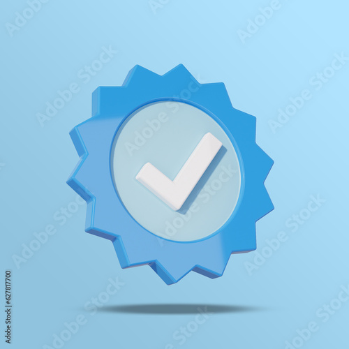 Profile verification check mark social media icon. Blue verified badge with checkmark sign isolated on blue background. Square image 3D illustration