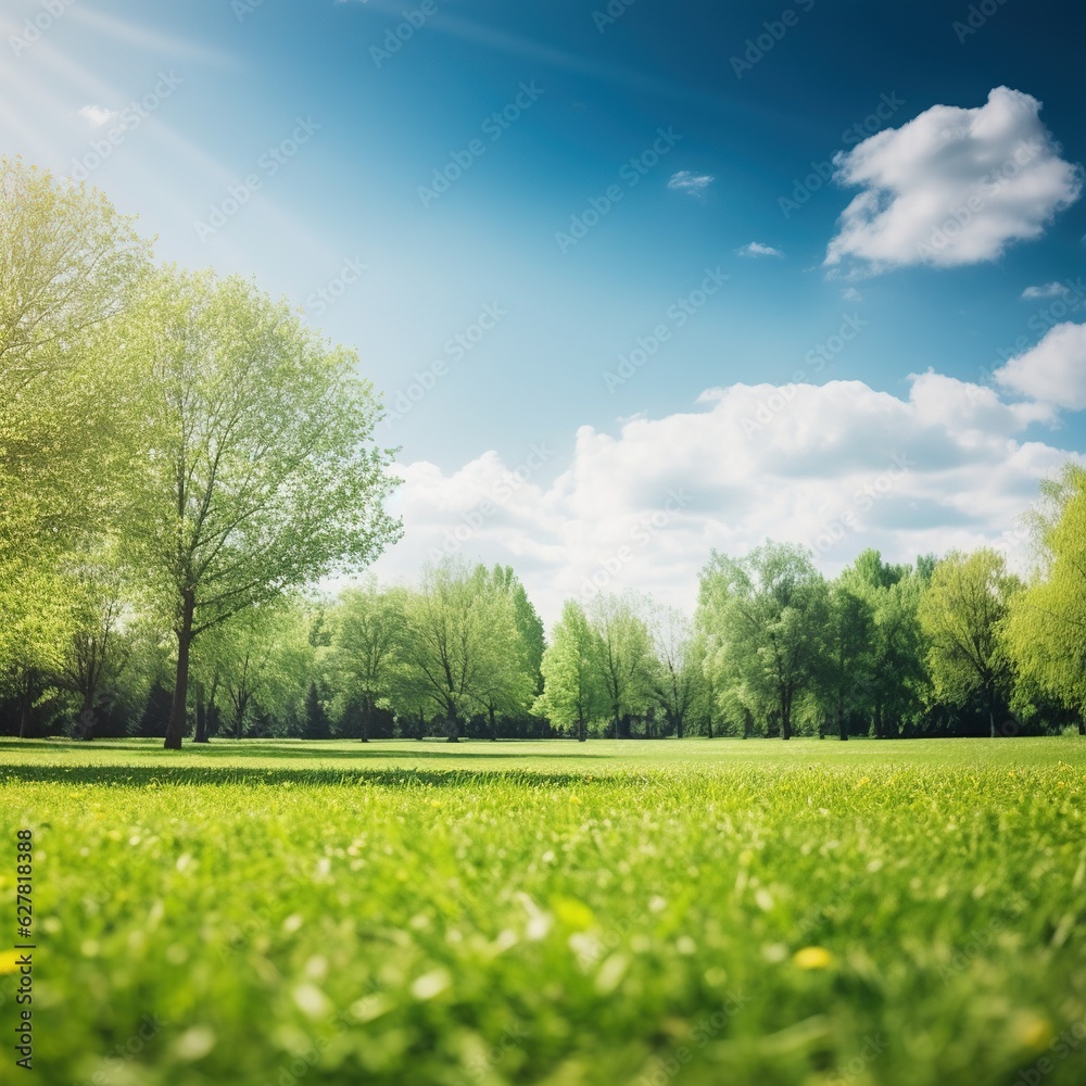 A captivating blurred background showcasing the beauty of spring nature, featuring a meticulously manicured lawn embraced by trees under a clear blue sky adorned with clouds on a radiant and sunlit da