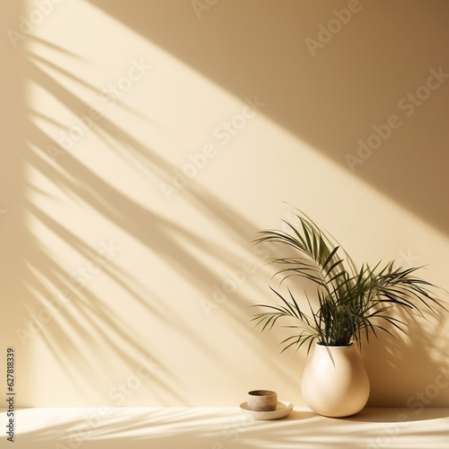 Minimalistic  abstract light beige backdrop designed for product presentation  featuring delicate illumination and intricate shadows cast by a window  along with botanical elements adorning the wall