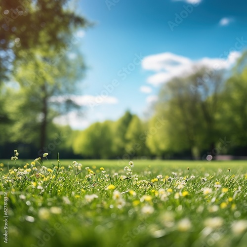 A captivating blurred background showcasing the beauty of spring nature, featuring a meticulously manicured lawn embraced by trees under a clear blue sky adorned with clouds on a radiant and sunlit da