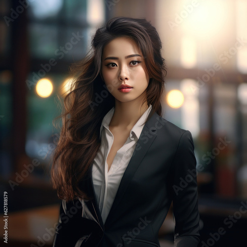 Asian woman in a suit in the office  square photo. AI generative