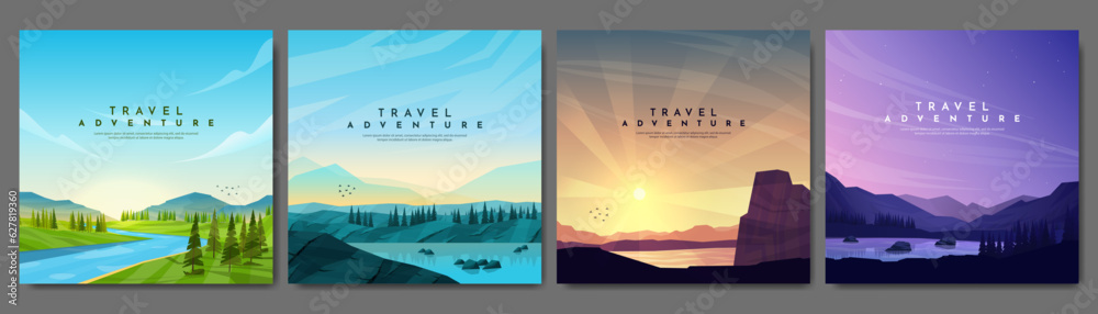 Fototapeta premium Vector illustration. Set of mountain landscapes. Geometric flat style. Water flow by meadow, forest hills, sunset scene, evening. Design for social media, web banner. Colorful triangle shapes
