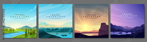 Vector illustration. Set of mountain landscapes. Geometric flat style. Water flow by meadow, forest hills, sunset scene, evening. Design for social media, web banner. Colorful triangle shapes