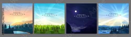 Vector illustration. Set of mountain landscapes. Geometric flat style. Sunset by sea rocks, meadow, night scene, mountains near the forest. Design for social media, web banner. Colorful triangle shape
