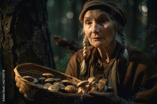 Old woman in the forest with a basket of mushrooms 3