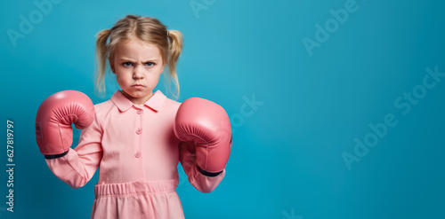 Small girl kid wearing pink boxing gloves, angry serious expression - she's ready to fight. Wide banner copy space on side. Generative AI © Lubo Ivanko