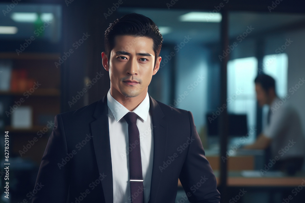 Fototapeta premium Asian man in a suit in the office, business photo. AI generative.