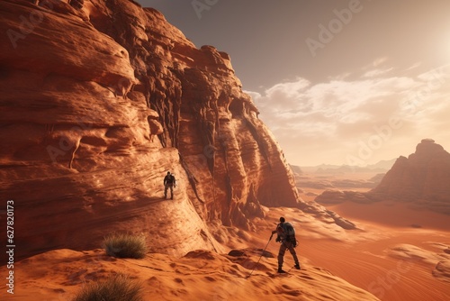 Photograph of people practicing adventure sports in desert landscapes, Generative AI