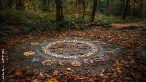 A traA mystic circle drawn on the forest floornquil meditation area photo